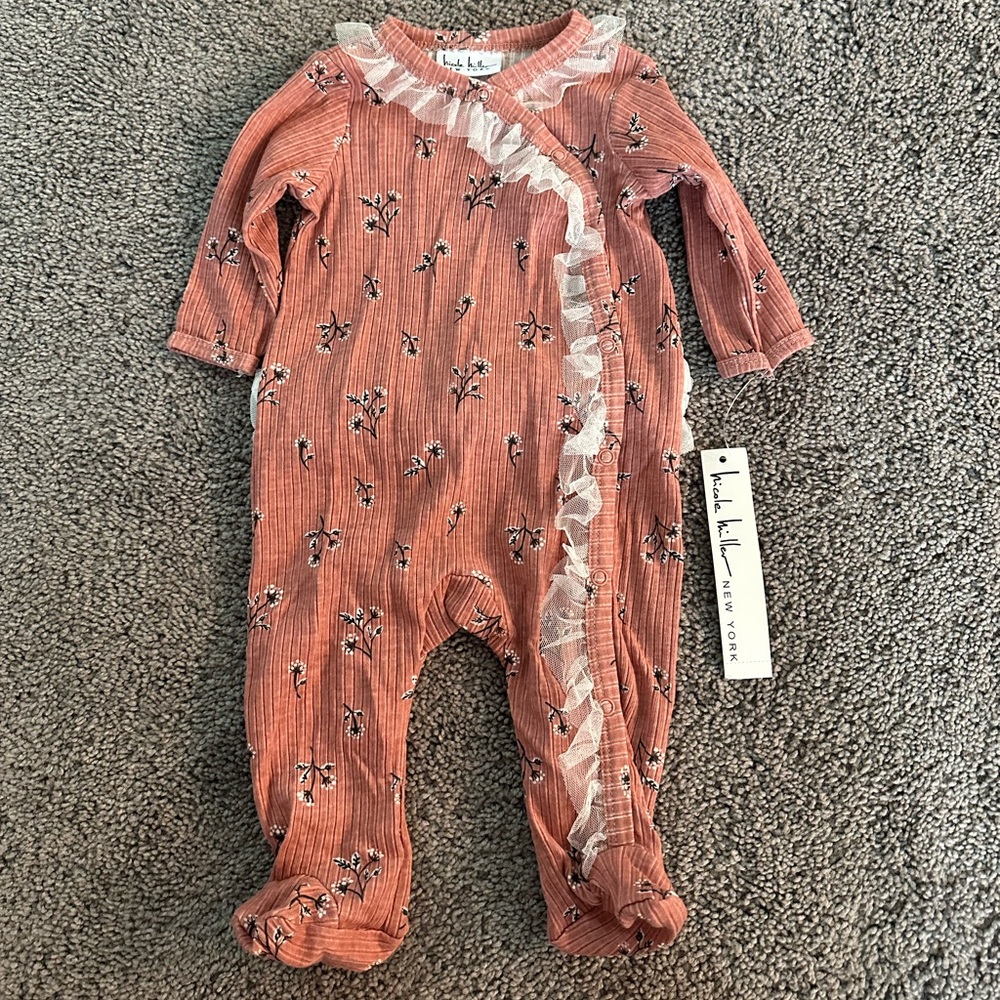 Nicole Miller size 3/6 month ruffle floral printed footed onesie